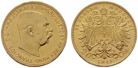  ÖSTERREICHISCHES KAISERREICH   Franz Joseph 1848-1916   (B) 20 Kronen 1911  Gold  vzgl./stplfr.