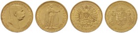  ÖSTERREICHISCHES KAISERREICH   Franz Joseph 1848-1916   (B) Lot 2 Stk.: 10 Kronen 1848/1908; Regierungsjubiläum und 10 Korona 1903 KB  Gold  s.sch./v...