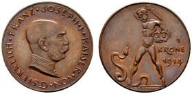  ÖSTERREICHISCHES KAISERREICH   Franz Joseph 1848-1916   (D) Krone 1914; PROBE in Kupfer (Cu); Erstabschlag  RR stplfr.