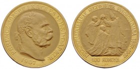  ÖSTERREICHISCHES KAISERREICH   Franz Joseph 1848-1916   (B) 100 Korona 1867/1907 KB; Krönungsjubiläum  Gold  f.stplfr.