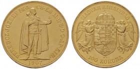  ÖSTERREICHISCHES KAISERREICH   Franz Joseph 1848-1916   (B) 100 Korona 1907 KB  Gold R vzgl.