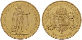  ÖSTERREICHISCHES KAISERREICH   Franz Joseph 1848-1916   (B) 100 Korona 1908 KB  Gold  vzgl.+