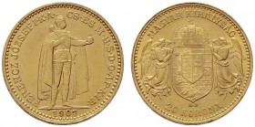  ÖSTERREICHISCHES KAISERREICH   Franz Joseph 1848-1916   (B) 20 Korona 1907 KB; Av. kl. Kratzer im Feld  Gold R vzgl.