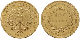  ÖSTERREICHISCHE - REPUBLIK   1. Republik 1918-1938   (B) 100 Kronen 1924  Gold  stplfr.