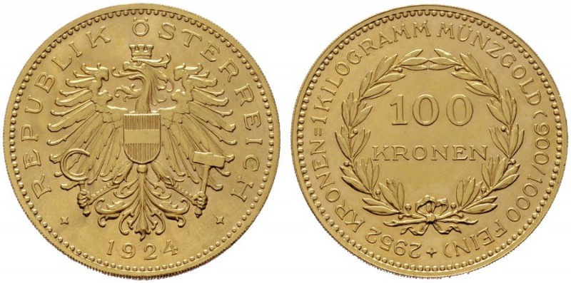  ÖSTERREICHISCHE - REPUBLIK   1. Republik 1918-1938   (B) 100 Kronen 1924  Gold ...