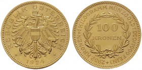  ÖSTERREICHISCHE - REPUBLIK   1. Republik 1918-1938   (B) 100 Kronen 1924  Gold  stplfr.