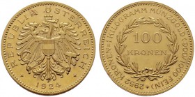 ÖSTERREICHISCHE - REPUBLIK   1. Republik 1918-1938   (B) 100 Kronen 1924  Gold  vzgl./stplfr.