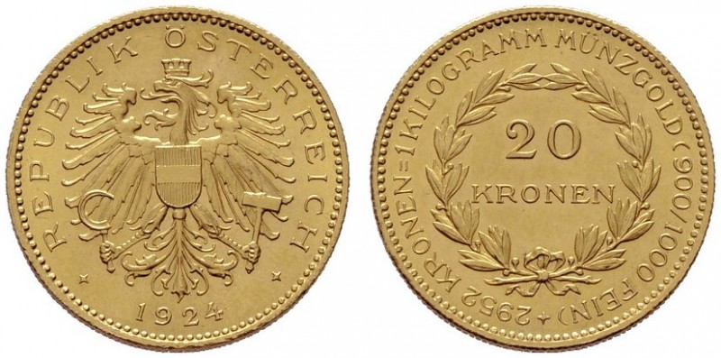  ÖSTERREICHISCHE - REPUBLIK   1. Republik 1918-1938   (B) 20 Kronen 1924  Gold  ...