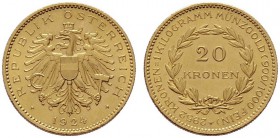  ÖSTERREICHISCHE - REPUBLIK   1. Republik 1918-1938   (B) 20 Kronen 1924  Gold  f.stplfr.