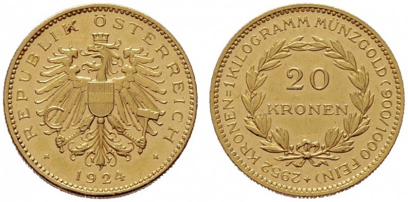  ÖSTERREICHISCHE - REPUBLIK   1. Republik 1918-1938   (B) 20 Kronen 1924  Gold  ...