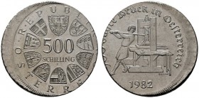  ÖSTERREICHISCHE - REPUBLIK   2. Republik seit 1945   (D) 500 Schilling 1982; 500 Jahre Buchdruck in Österreich. Verprägter Rand, dezentriert vzgl.