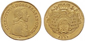  ÖSTERREICHISCHE GEISTLICHKEIT   Hieronymus Graf Colloredo 1772-1803   (D) Dukat 1773 M (3,47 g); HZ:3138, Pr:2388, leicht gewellt  Gold  s.sch./vzgl....
