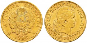 ARGENTINIEN 
 Republik 
 5 Pesos 1888. 8.04 g. Fr. 14. Sehr schön-vorzüglich.