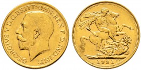 AUSTRALIEN 
 George V. 1910-1936 
 Sovereign 1921, Sydney. 7.98 g. S. 4003. Fr. 38. Selten. Gutes vorzüglich.