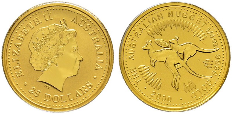 AUSTRALIEN 
 Elizabeth II. 1952- 
 25 Dollars 2000, Perth. 1/4 Unze mit Marke ...