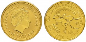 AUSTRALIEN 
 Elizabeth II. 1952- 
 25 Dollars 2000, Perth. 1/4 Unze mit Marke der Expo Hannover. In Originalschachtel. FDC.