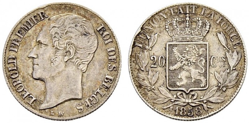 BELGIEN 
 Königreich 
 Leopold I. 1831-1865. 20 Centimes 1858, Brüssel. 1.00 g...