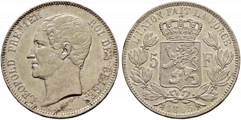 BELGIEN 
 Königreich 
 Leopold I. 1831-1865. 5 Francs 1865. 24.91 g. KM 17. Da...