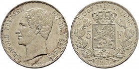 BELGIEN 
 Königreich 
 Leopold I. 1831-1865. 5 Francs 1865. 24.91 g. KM 17. Dav. 51. Fast vorzüglich-vorzüglich.