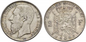 BELGIEN 
 Königreich 
 Leopold II. 1865-1909. 2 Francs 1887. Flämische Legende. 10.00 g. KM 31. Sehr selten. Sehr schön- vorzüglich.