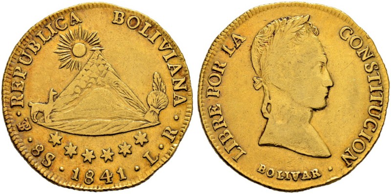 BOLIVIEN 
 Republik 
 8 Escudos 1841, Potosi. Assayer LR. 26.85 g. Fr. 26. Seh...