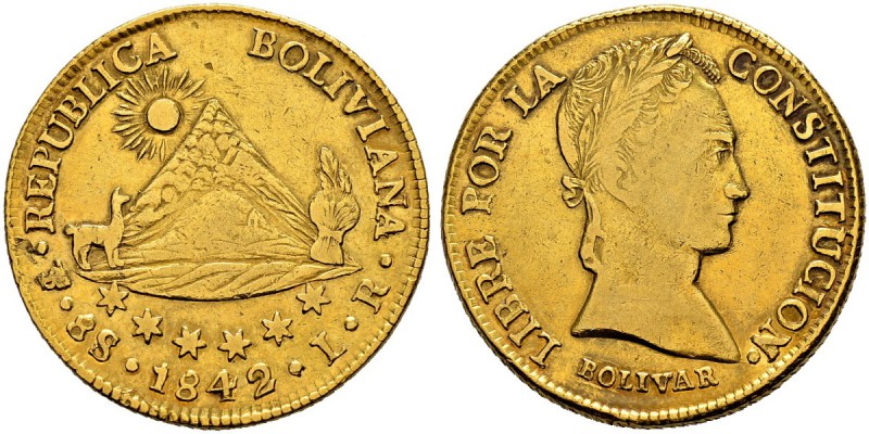 BOLIVIEN 
 Republik 
 8 Escudos 1842, Potosi. Assayer LR. 26.91 g. Fr. 26. Seh...