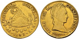 BOLIVIEN 
 Republik 
 8 Escudos 1842, Potosi. Assayer LR. 26.91 g. Fr. 26. Sehr schön.
