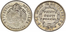 BOLIVIEN 
 Republik 
 20 Centavos 1872, Potosi. Assayer EF. 4.60 g. KM 159.1. Selten. Fast vorzüglich-vorzüglich.