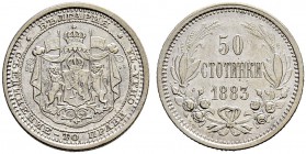 BULGARIEN 
 Alexander I. 1879-1886 
 50 Stotinki 1883. 2.48 g. KM 6. Gutes vorzüglich.