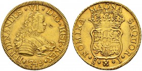 CHILE 
 Fernando VI. 1746-1760. 4 Escudos 1749, Santiago de Chile. 13.49 g. C.T. 115. Fr. 6. Kl. Schlag auf dem Avers. Gutes sehr schön.