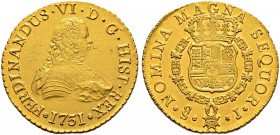 CHILE 
 Fernando VI. 1746-1760. 8 Escudos 1751, Santiago de Chile. 27.02 g. Calico 644. C.T. 62. Fr. 5. Kl. Schrötlingsfehler. Vorzüglich- FDC.