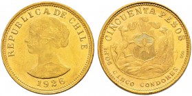 CHILE 
 Republik. 50 Pesos 1926. 10.15 g. Fr. 55. Vorzüglich-FDC.