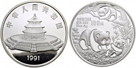 CHINA 
 Volksrepublik 
 100 Yuan 1991. Panda. 12 Unzen Feinsilber. 373.20 g. KM 352. 2.500 Exemplare geprägt. Polierte Platte.