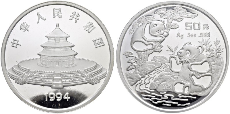 CHINA 
 Volksrepublik 
 50 Yuan 1994. Panda. 5 Unzen Feinsilber. KM 617. 3.000...