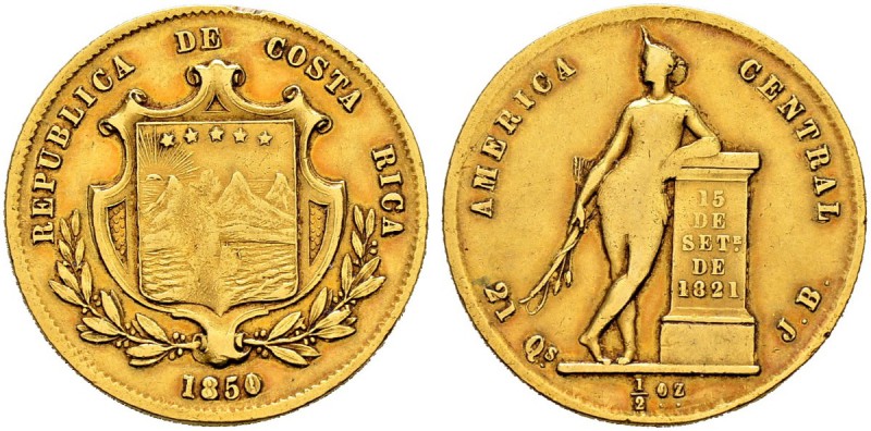 COSTA RICA 
 ½ Onza 1850. Assayer JB. 12.59 g. Fr. 7. Henkelspur. Sehr schön.