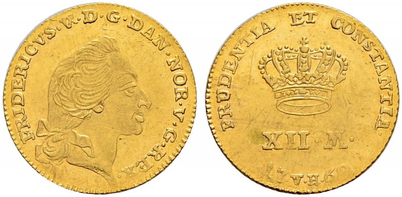 DÄNEMARK 
 Friedrich V. 1746-1766. 12 Mark 1760. 3.11 g. Hede 22. Fr. 269. Fast...