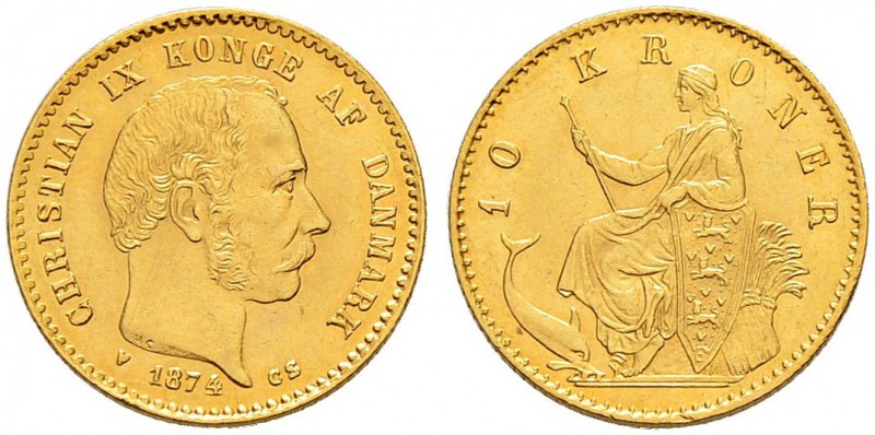 DÄNEMARK 
 Christian IX. 1863-1906. 10 Kroner 1874. 4.47 g. Hede 5. Fr. 296. Gu...