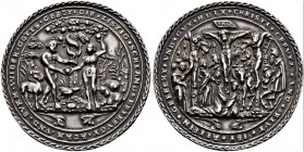 DEUTSCHLAND 
 Erzgebirge 
 Silbermedaille 1560. Adam und Eva unter dem Baum der Erkenntnis. Rv. Kreuzigungsszene. 59.68 mm. 44.75 g. Katz 376/385. S...