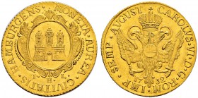 DEUTSCHLAND 
 Hamburg, Stadt 
 Dukat 1732. Titel Karls VI. Münzmeister Johann Hinrich Löwe. 3.46 g. Gaedechens 134 a. Fr. 1120. Seltenes Jahr. Min. ...