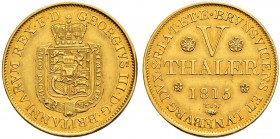 DEUTSCHLAND 
 Hannover, Kurfürstentum, ab 1814 Königreich 
 Georg III. 1760-1820. 5 Taler 1815. 6.63 g. D.S. 85. Schl. 349. Fr. 619. Fast vorzüglich...