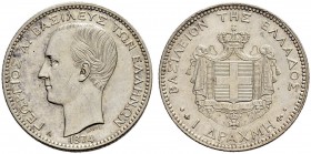 GRIECHENLAND 
 Georg I. 1863-1913. Drachme 1874, Paris. 4.99 g. Divo 53c. Selten in dieser Erhaltung. Gutes vorzüglich.