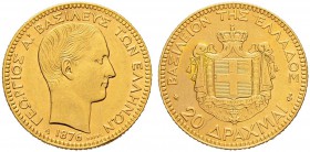 GRIECHENLAND 
 Georg I. 1863-1913. 20 Drachmen 1876, Paris. 6.43 g. Divo 46. Schl. 6. Fr. 15. Fast vorzüglich.