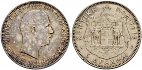 GRIECHENLAND 
 Kreta 
 Georg I. 1863-1913. 5 Drachmen 1901, Paris. 24.96 g. Divo 130. Dav. 118. Gutes sehr schön.