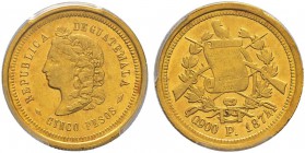 GUATEMALA 
 Republik. 5 Pesos 1874. Assayer P. KM 198. Fr. 45. PCGS AU 58. Vorzüglich.