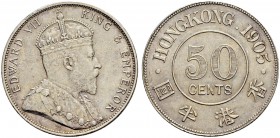 HONG KONG 
 Edward VII. 1902-1910. 50 Cents 1905. 13.61 g. KM 15. Sehr schön-vorzüglich.