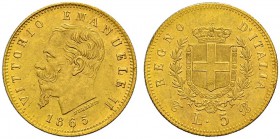 ITALIA 
 Regno d'italia 
 Vittorio Emanuele II. 1859-1878. 5 Lire 1865, Torino. 1.61 g. Nomisma 876. Pag. 480. Mont. 160. Fr. 16. Rara. qSpl.