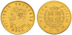 ITALIA 
 Regno d'italia 
 Vittorio Emanuele II. 1859-1878. 5 Lire 1865, Torino. 1.60 g. Nomisma 876. Pag. 480. Mont. 160. Fr. 16. Rara. Spl.