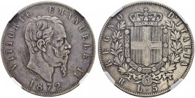 ITALIA 
 Regno d'italia 
 Vittorio Emanuele II. 1859-1878. 5 Lire 1872, Roma. Pag. 495. Dav. 140. Raro. NGC Fine Details. qBB.