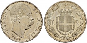 ITALIA 
 Regno d'italia 
 Umberto I. 1878-1900. 2 Lire 1899, Roma. 9.97 g. Nomisma 1003. Pag. 600. Mont. 45. Fdc.