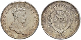 ITALIA 
 Regno d'italia 
 Vittorio Emanuele III. 1900-1946. 5 Lire 1925, Roma. Somalia Italiana. Nomisma 1446. Pag. 990. Rara. In slab PCGS MS-64. F...